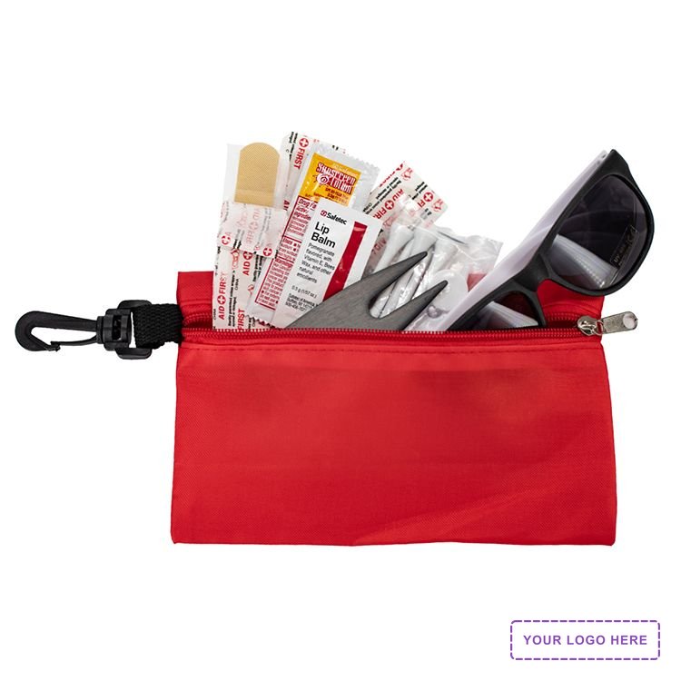 "CHIP 16" 16 Piece Golf Kit in Supersized Zipper Pack Components inserted into Zipper kit with Carab