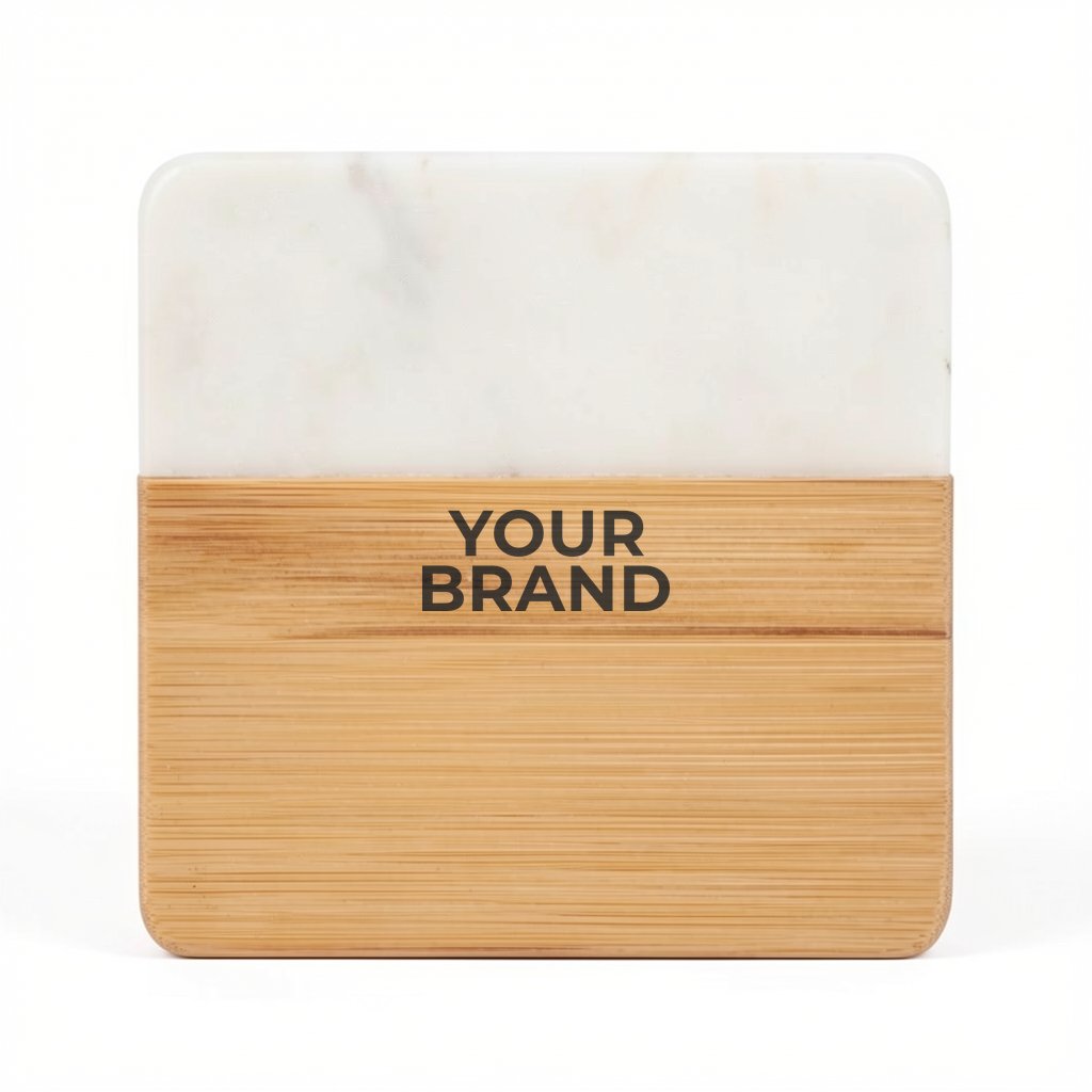 Marble and Bamboo Coaster Set