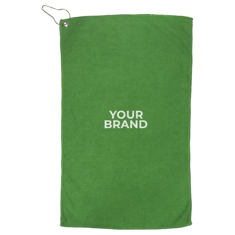 "THE IRON" Recycled RPET 300 GSM Heavy Duty Microfiber Golf Towel with Metal Grommet and Clip - 12"