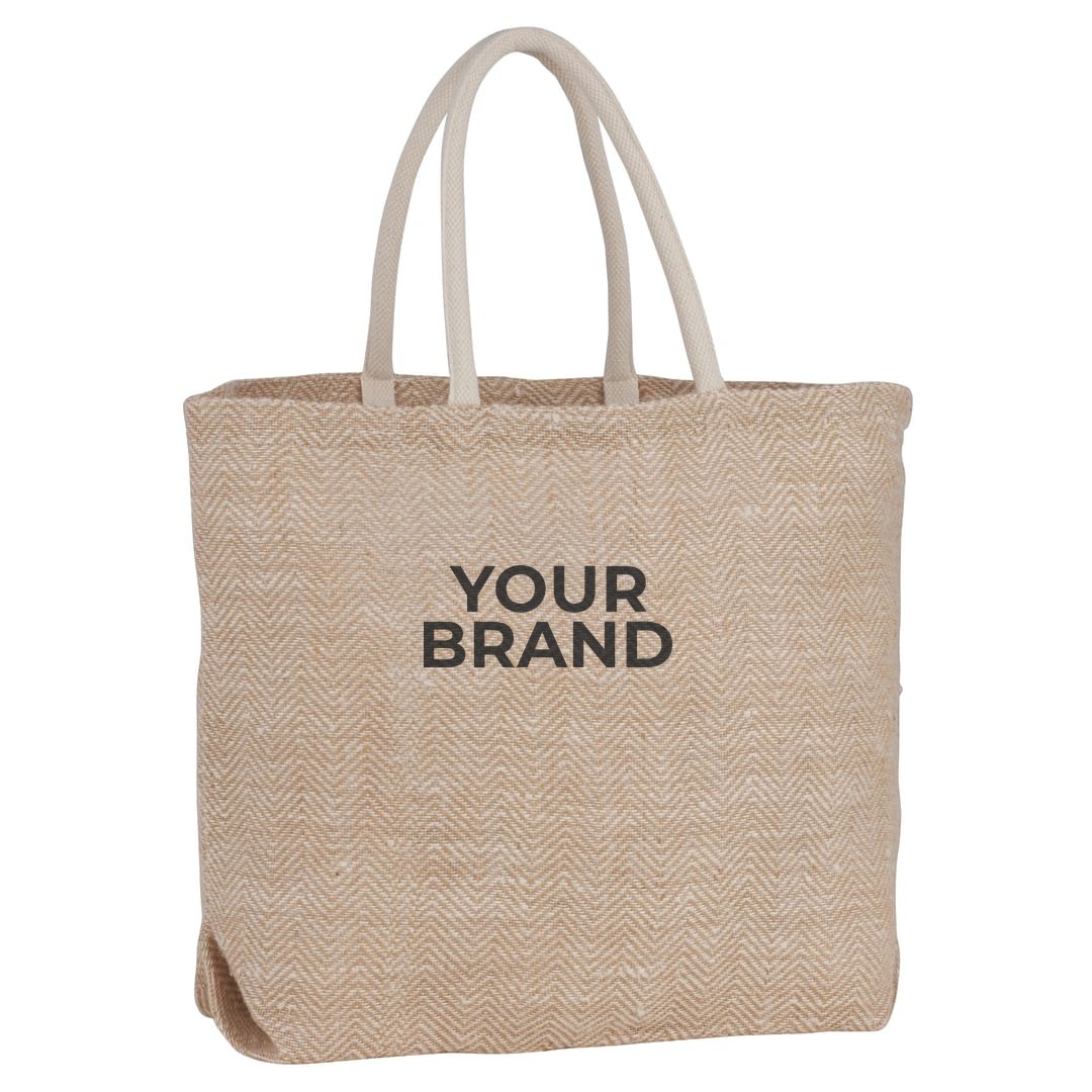 Herringbone Jute Tote · Ejemplo de personalización. La tuya lleva tu marca.