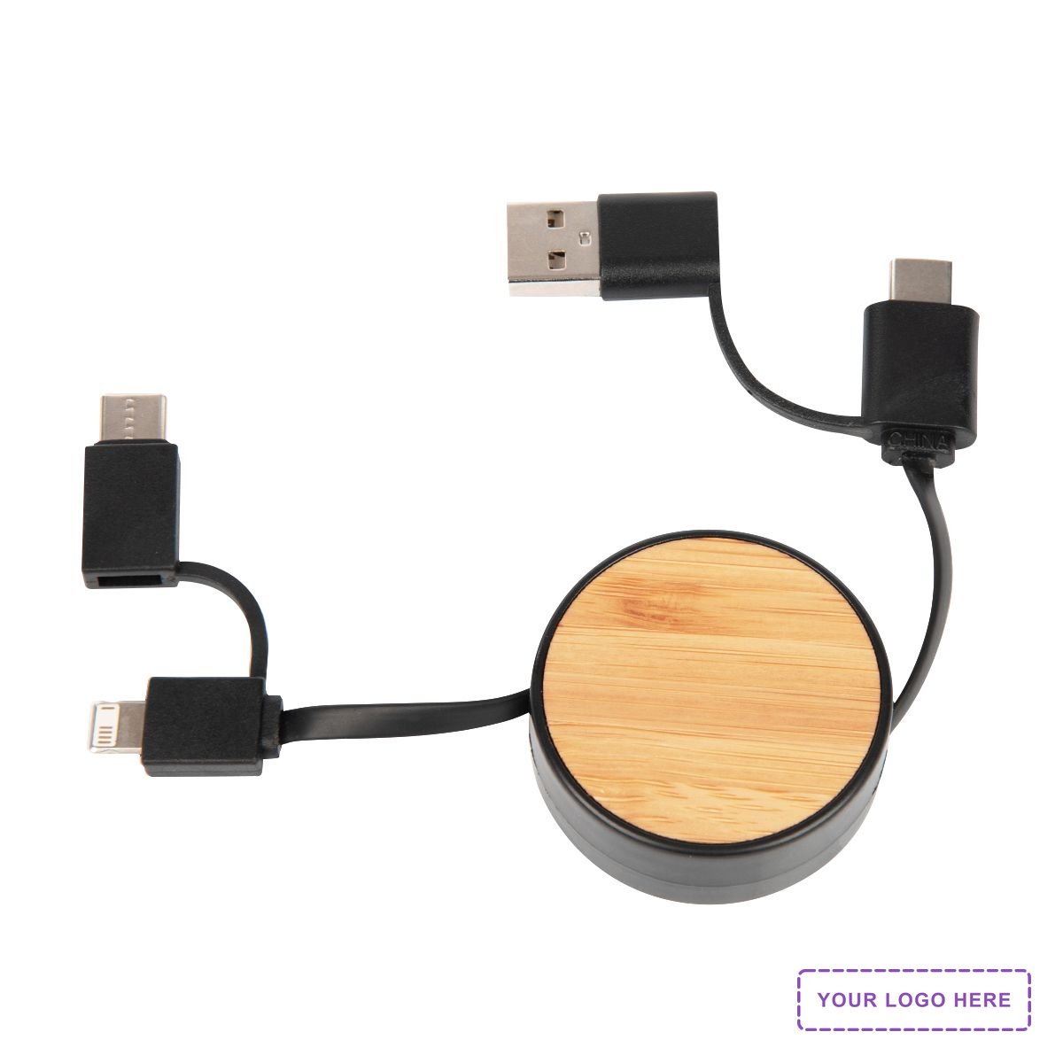 Bamboo Retractable 3-in-1 Charging Cable