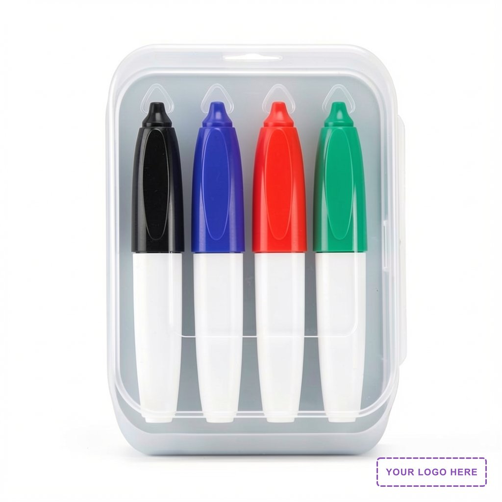 Four Pack of Mini Dry Erase Markers in Clear Plastic Case with Full Color Deca;