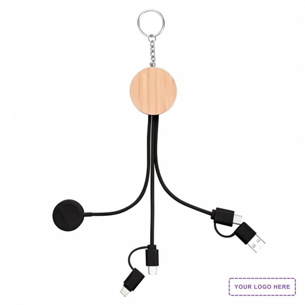 10W Bamboo Multi-Charging Cables Keyring With Watch Dock