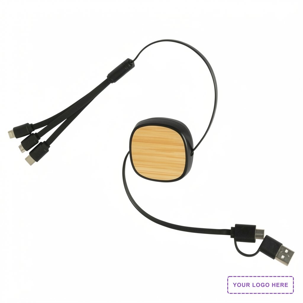 Bamboo Retractable 3-in-1 Charging Cable with Dual Inputs