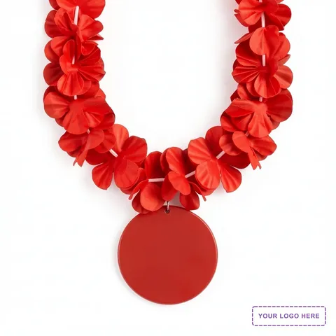 Red Flower Lei Necklace with Medallion (Non-Light Up)