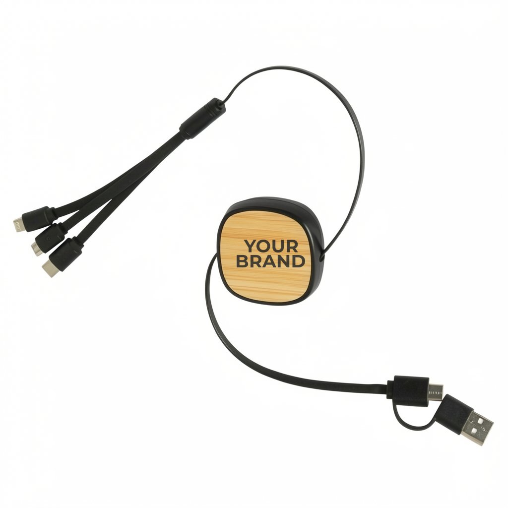 Bamboo Retractable 3-in-1 Charging Cable with Dual Inputs
