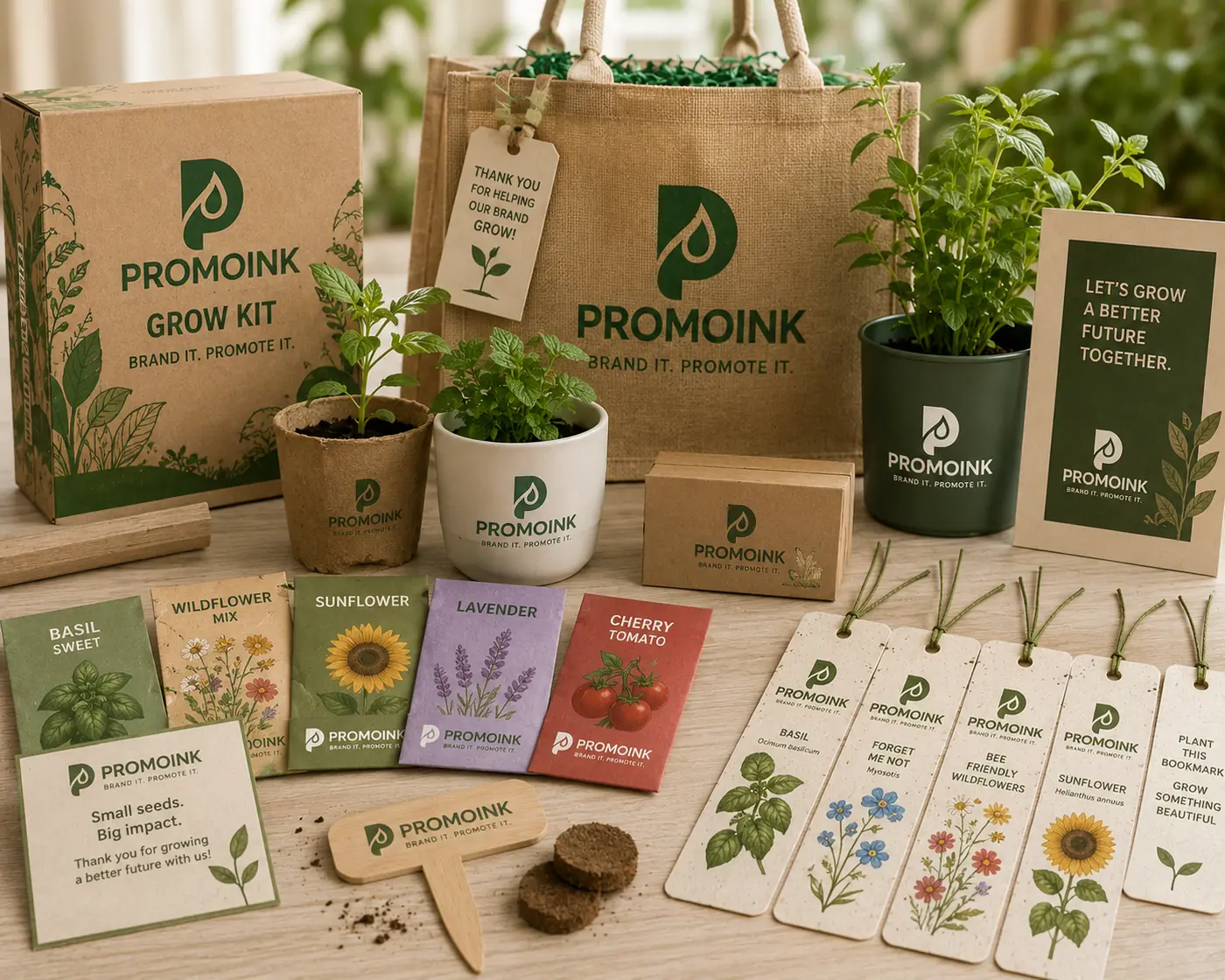 Promociones ecológicas con el logo de PromoInk AI