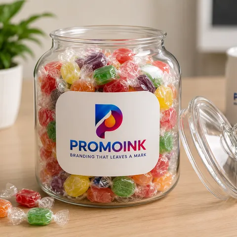 Frascos de dulces personalizados con el logo de PromoInk AI