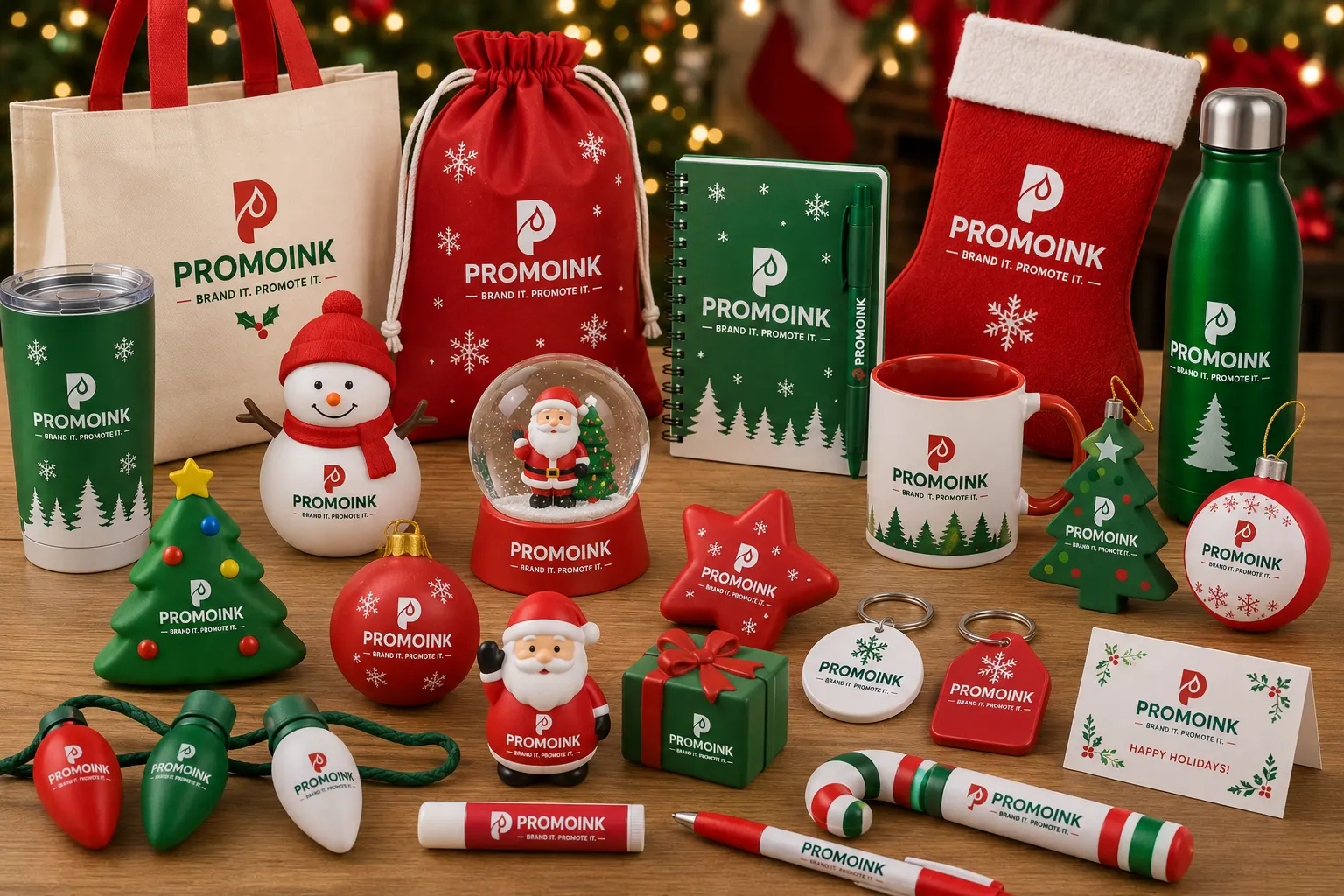 Christmas promotional products featuring custom ornaments, insulated tumblers, blankets, food gifts, technology accessories, and journals.