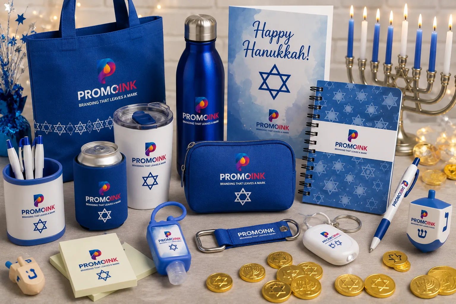 Hanukkah promotional products featuring custom dreidels, candles, blue drinkware, tote bags, food gifts, journals, and blankets.
